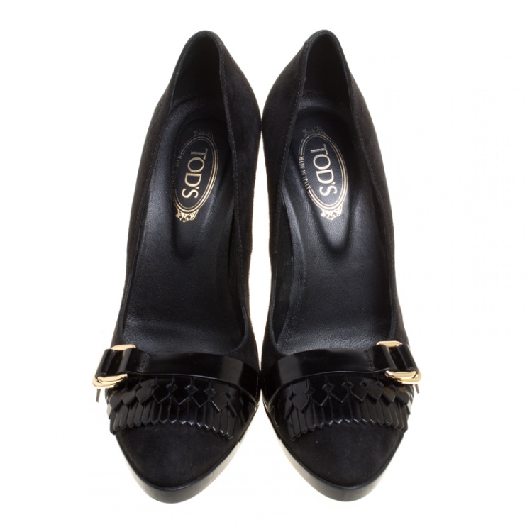 Pre Owned Tod's Black Suede Fringe Loafer Pumps Size 36.5
