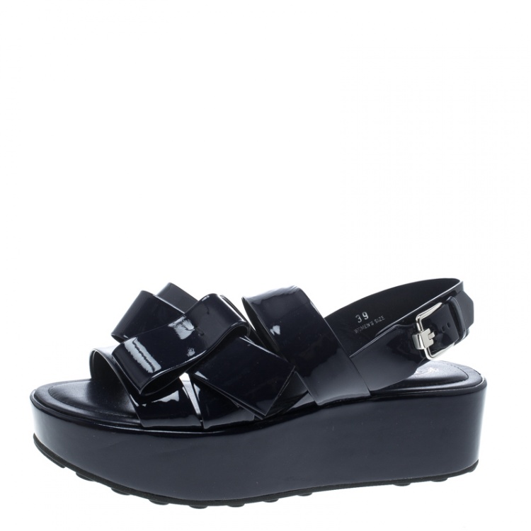 Pre Owned Tod's Navy Blue Patent Leather Slingback Platform Sandals Size 39