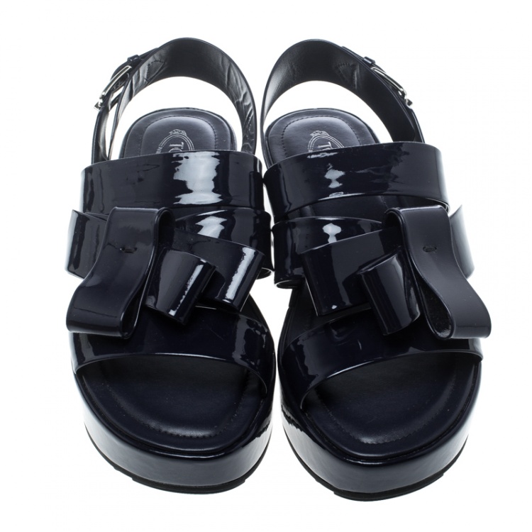 Pre Owned Tod's Navy Blue Patent Leather Slingback Platform Sandals Size 39