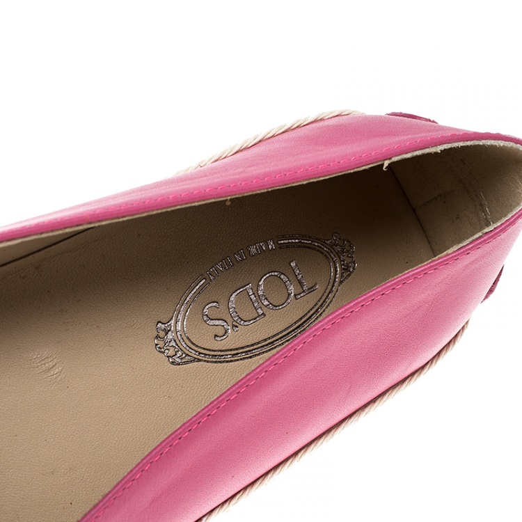 Pre Owned Tod's Pink Leather And Suede Ribbon Espadrille Loafers Size 39.5