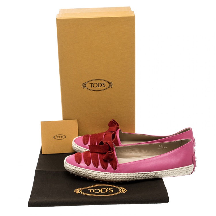 Pre Owned Tod's Pink Leather And Suede Ribbon Espadrille Loafers Size 39.5