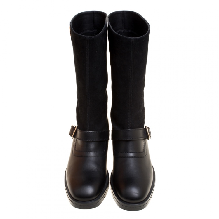 Pre Owned Tod's Black Leather and Suede Fibbie Mid Calf Biker Boots Size 37