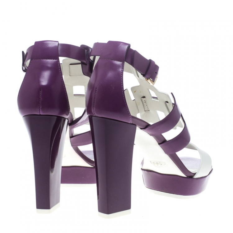 Pre Owned Tod's Purple and White Leather Cutout Platform Sandals Size 37