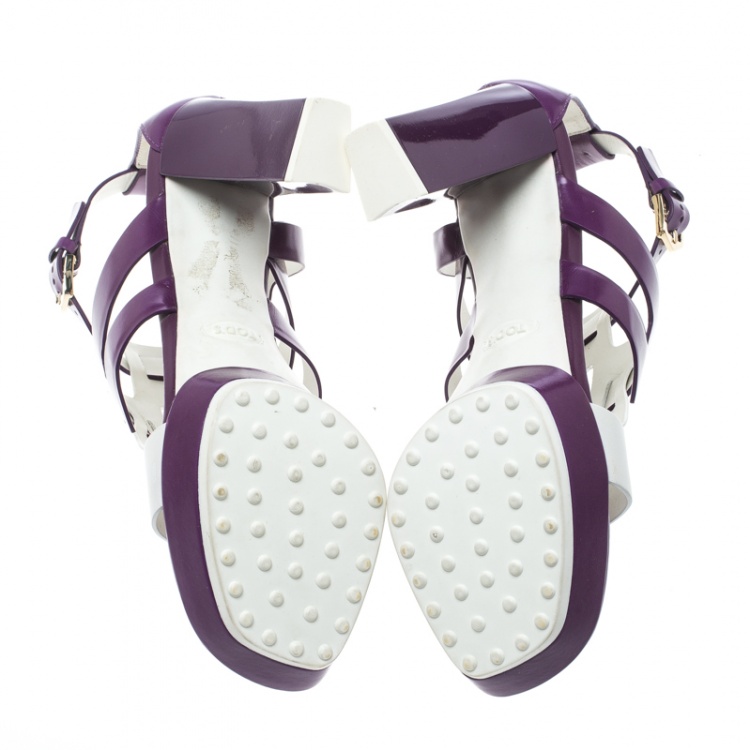 Pre Owned Tod's Purple and White Leather Cutout Platform Sandals Size 37