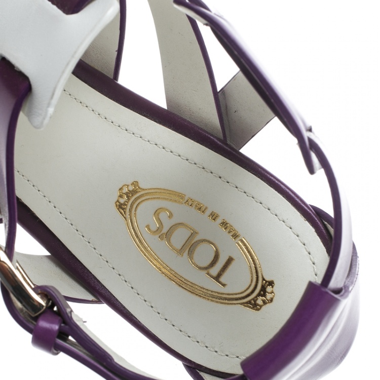 Pre Owned Tod's Purple and White Leather Cutout Platform Sandals Size 37