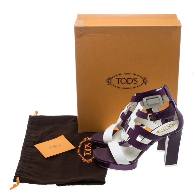 Pre Owned Tod's Purple and White Leather Cutout Platform Sandals Size 37