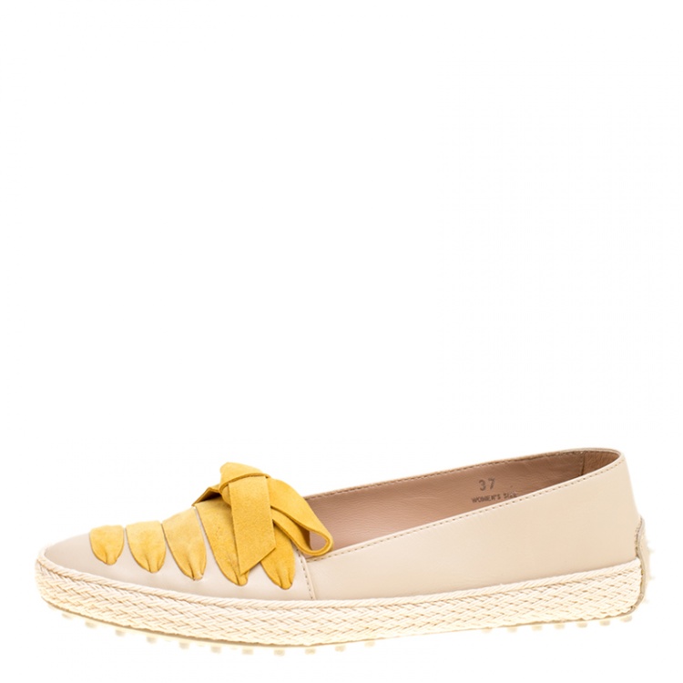 Pre Owned Tod's Beige Leather And Suede Ribbon Espadrille Loafers Size 37