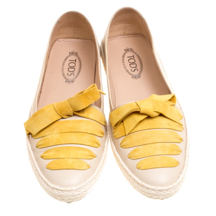 Pre Owned Tod's Beige Leather And Suede Ribbon Espadrille Loafers Size 37