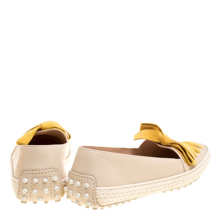 Pre Owned Tod's Beige Leather And Suede Ribbon Espadrille Loafers Size 37