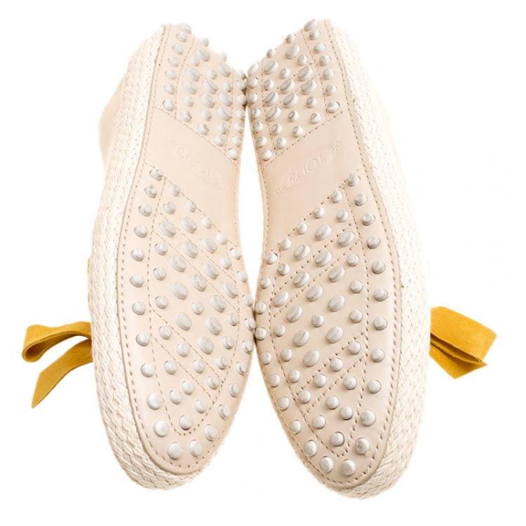 Pre Owned Tod's Beige Leather And Suede Ribbon Espadrille Loafers Size 37