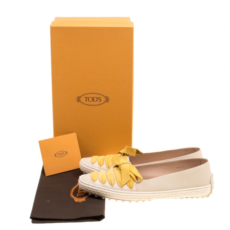 Pre Owned Tod's Beige Leather And Suede Ribbon Espadrille Loafers Size 37