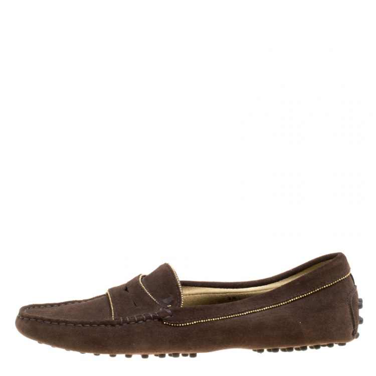Pre Owned Tod's Brown Suede Gold Trim Penny Loafers Size 38