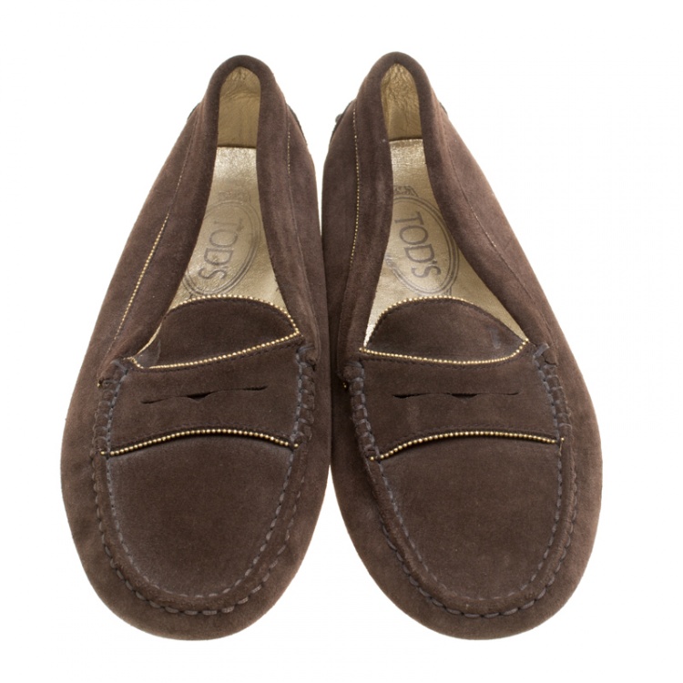 Pre Owned Tod's Brown Suede Gold Trim Penny Loafers Size 38