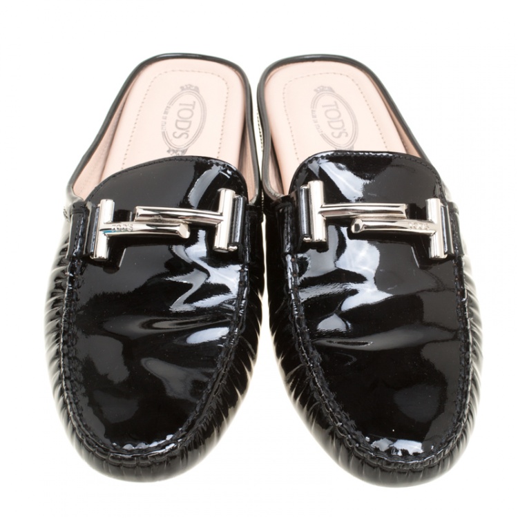 Pre Owned Tod's Black Patent Leather Double T Flat Loafer Mules Size 38.5