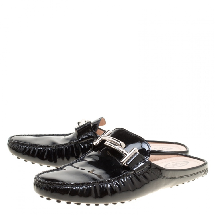 Pre Owned Tod's Black Patent Leather Double T Flat Loafer Mules Size 38.5