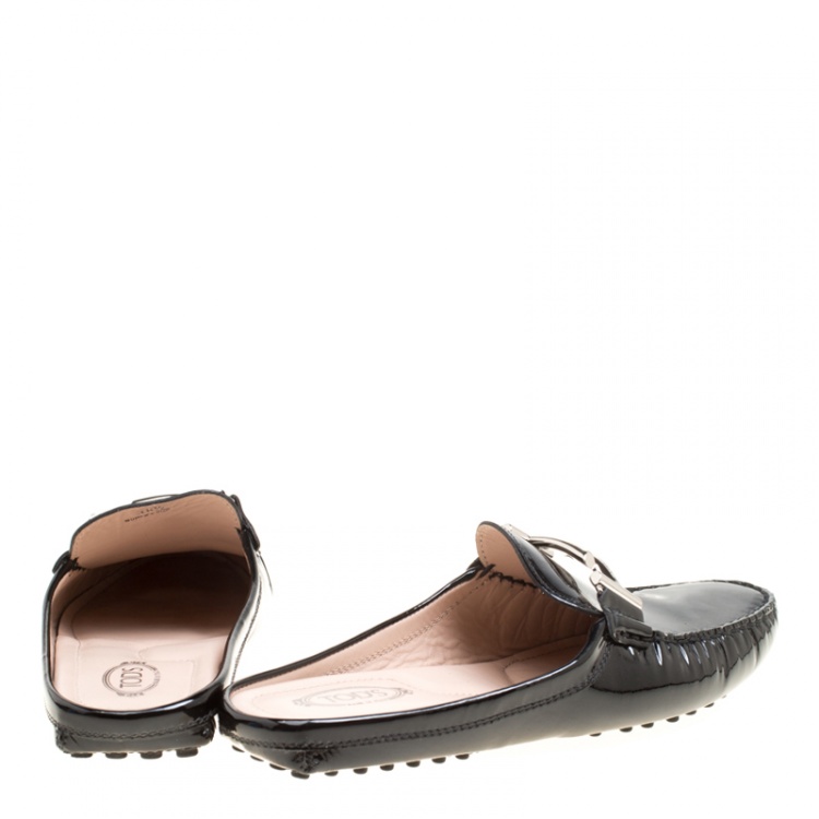 Pre Owned Tod's Black Patent Leather Double T Flat Loafer Mules Size 38.5