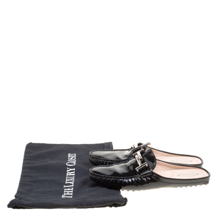 Pre Owned Tod's Black Patent Leather Double T Flat Loafer Mules Size 38.5