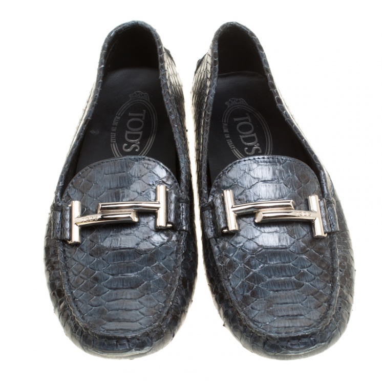 Pre Owned Tod's Two Tone Python Leather Double T Loafers Size 37.5