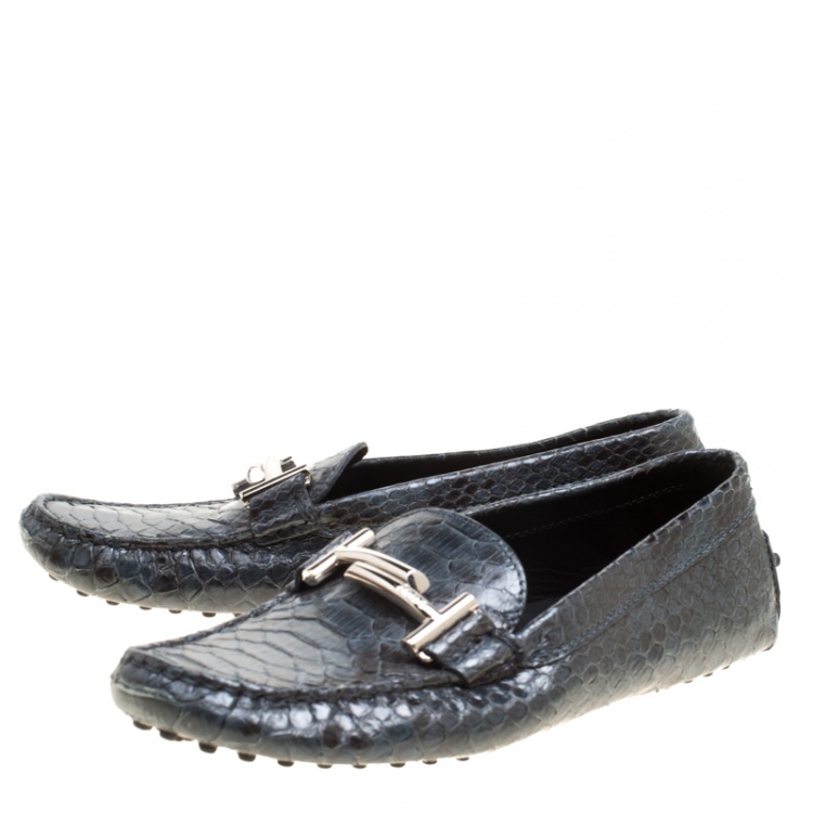 Pre Owned Tod's Two Tone Python Leather Double T Loafers Size 37.5