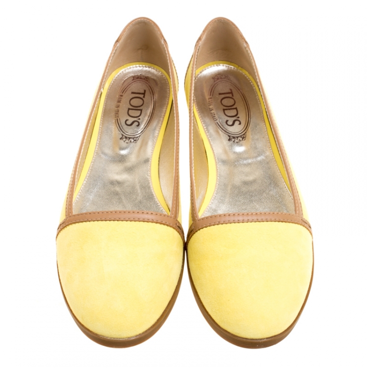 Pre Owned Tod's Yellow/Brown Suede and Leather Ballet Flats Size 39