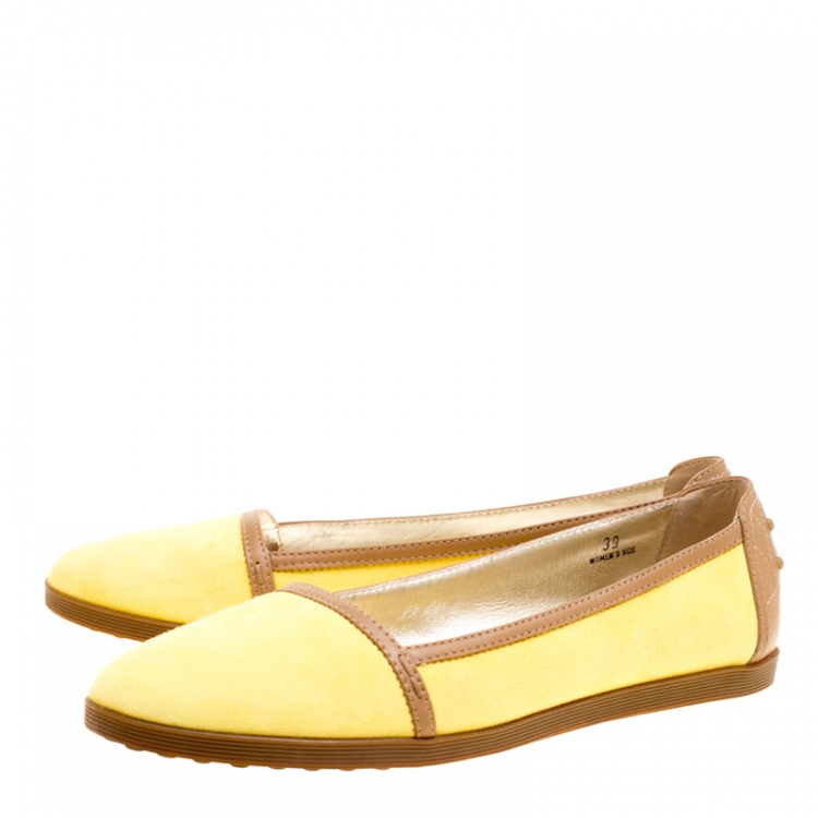 Pre Owned Tod's Yellow/Brown Suede and Leather Ballet Flats Size 39