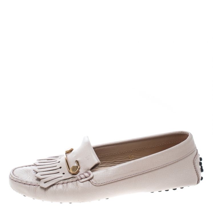 Pre Owned Tod's Blush Pink Leather Fringe Detail Loafers Size 36