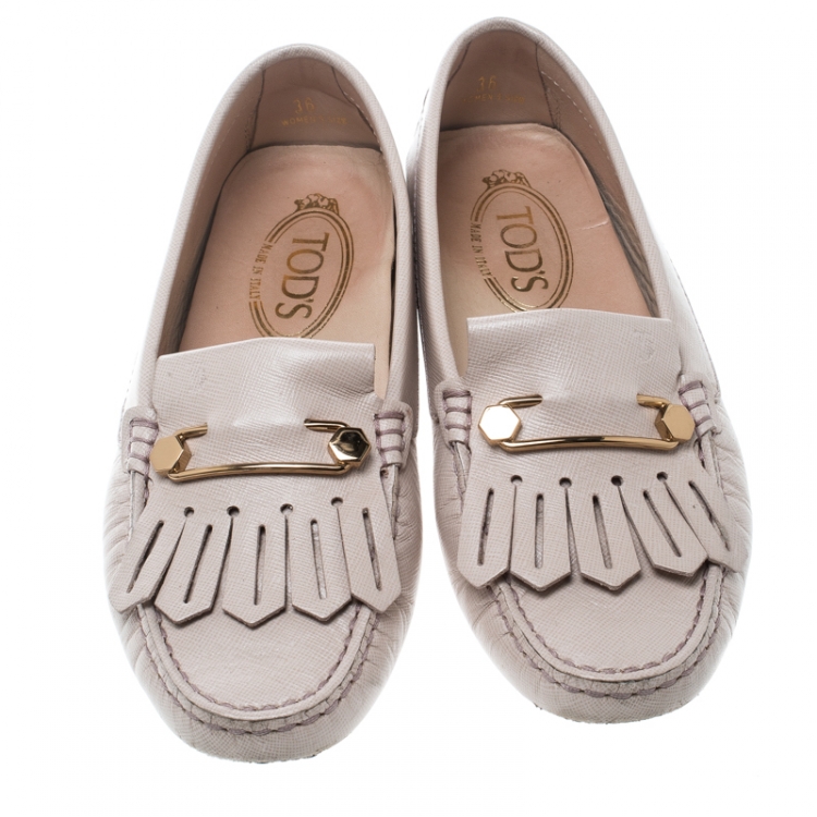 Pre Owned Tod's Blush Pink Leather Fringe Detail Loafers Size 36