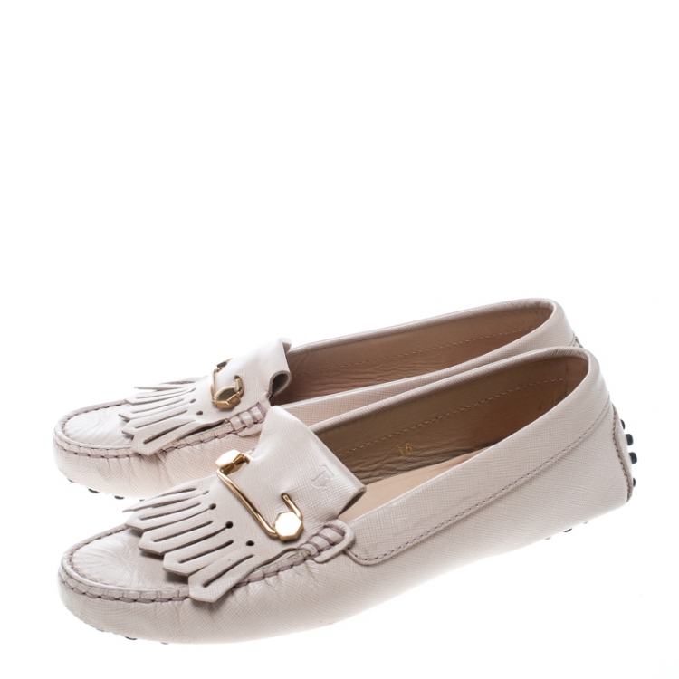 Pre Owned Tod's Blush Pink Leather Fringe Detail Loafers Size 36