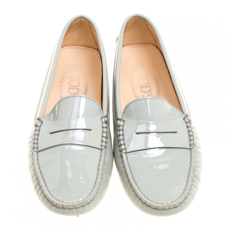 Pre Owned Tod's Grey Patent Leather Penny Loafers Size 35