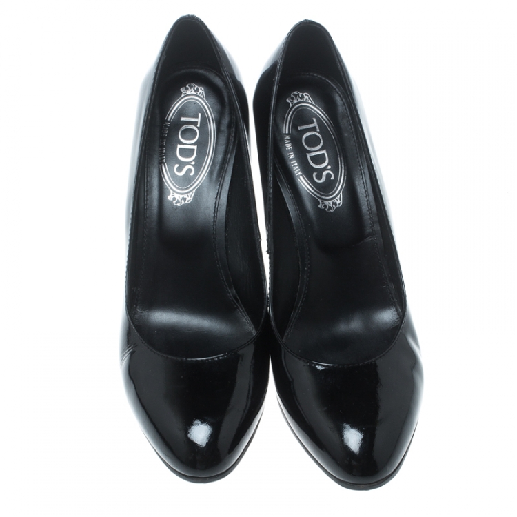Pre Owned Tod's Black Patent Leather Wedge Pumps Size 38.5