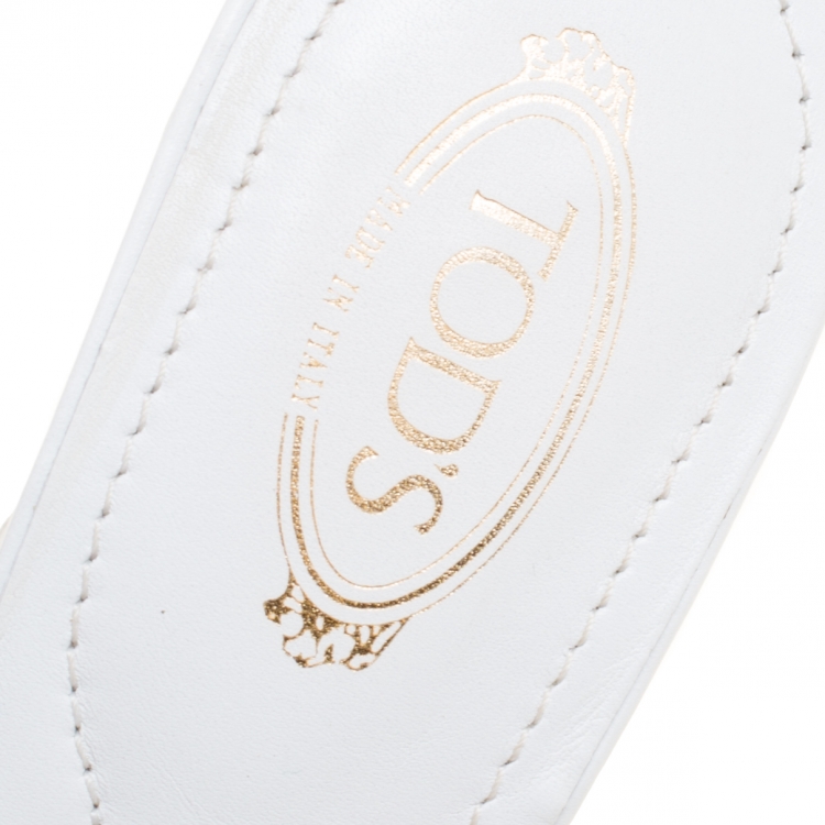 Pre Owned Tod's White Printed Leather Peep Toe Bow Detail Wedge Slides Size 36.5