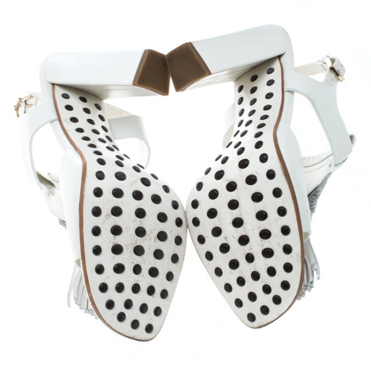 Pre Owned Tod's White Fringe Leather Sandals Size 36.5