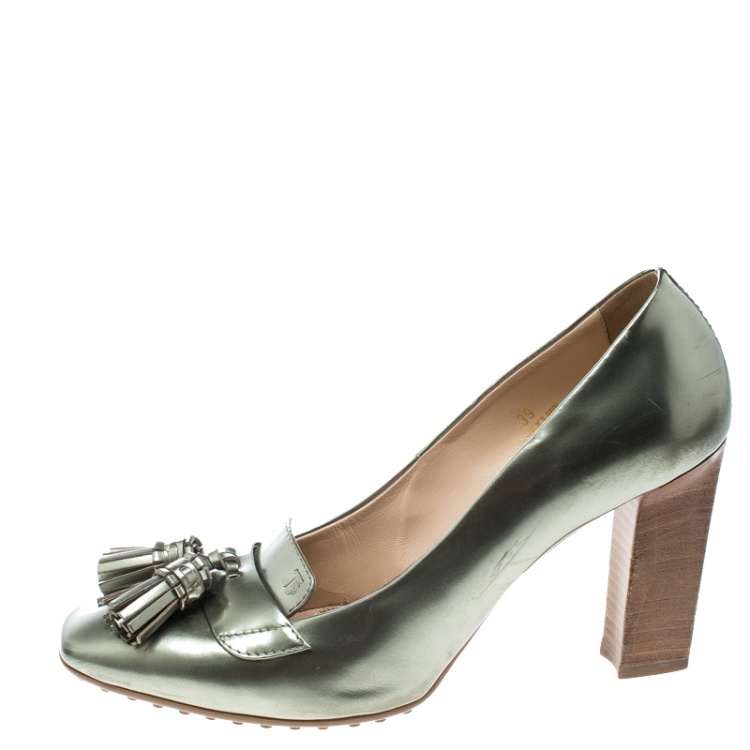 Pre Owned Tod's Green Leather Square Toe Fringe Loafer Pumps Size 39