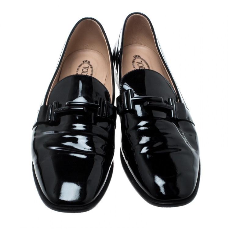 Pre Owned Tod's Black Patent Leather Double T Loafers Size 42