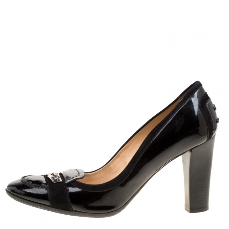 Pre Owned Tod’s Black Patent Leather Crystal Stud Penny Loafer Pumps Size 40