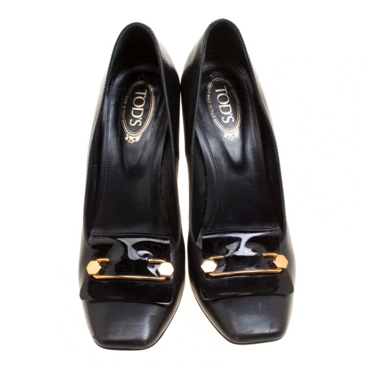 Pre Owned Tod's Black Leather Square Toe Loafer Pumps Size 36