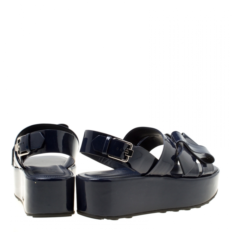Pre Owned Tod's Navy Blue Patent Leather Slingback Platform Sandals Size 39
