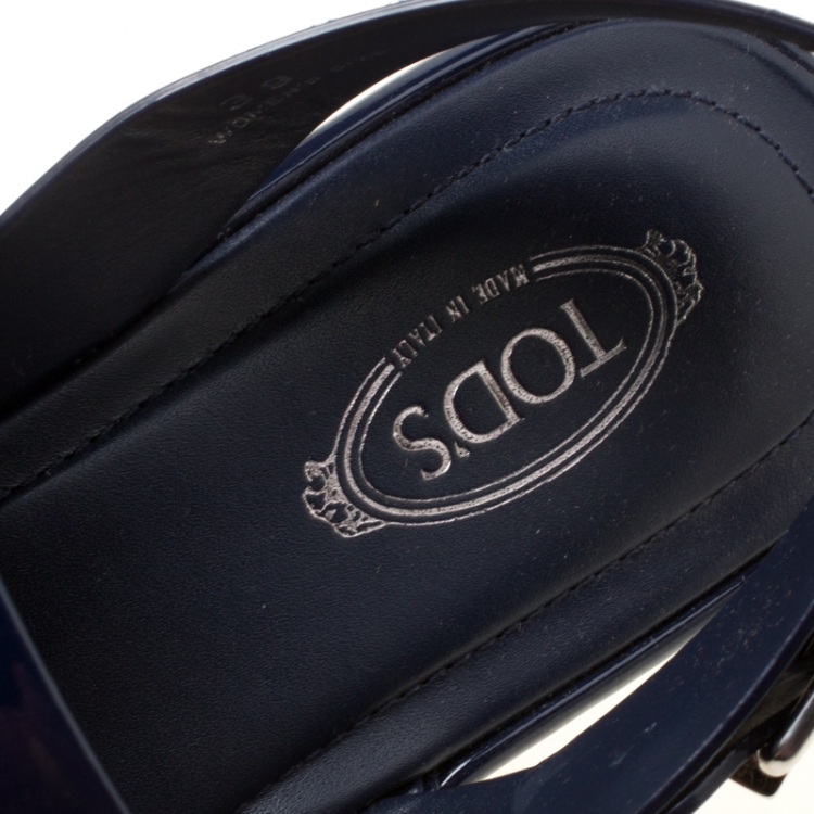 Pre Owned Tod's Navy Blue Patent Leather Slingback Platform Sandals Size 39