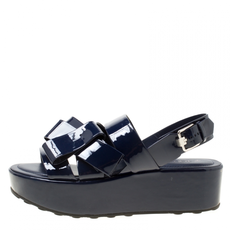 Pre Owned Tod's Navy Blue Patent Leather Slingback Platform Sandals Size 39
