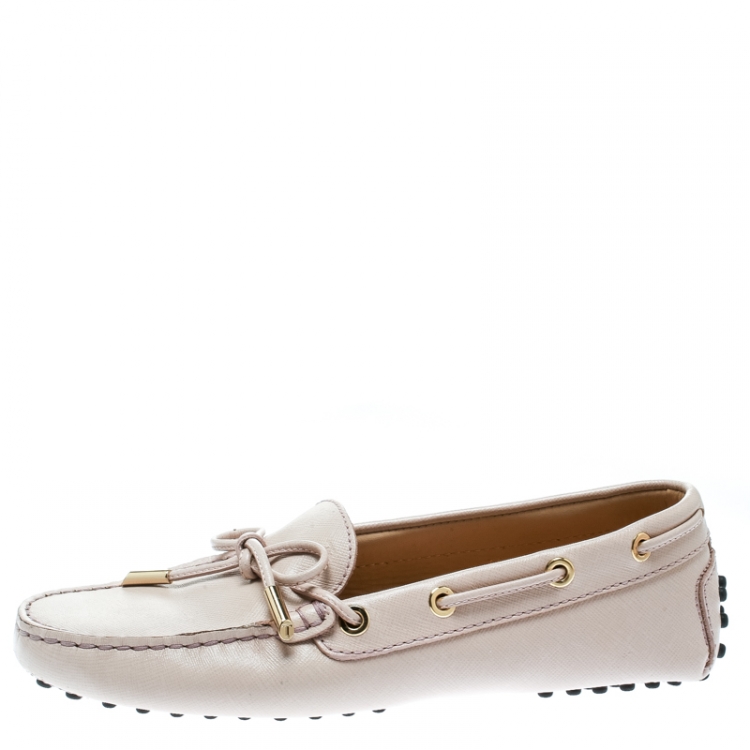 Pre Owned Tod's Blush Pink Leather Bow Loafers Size 36