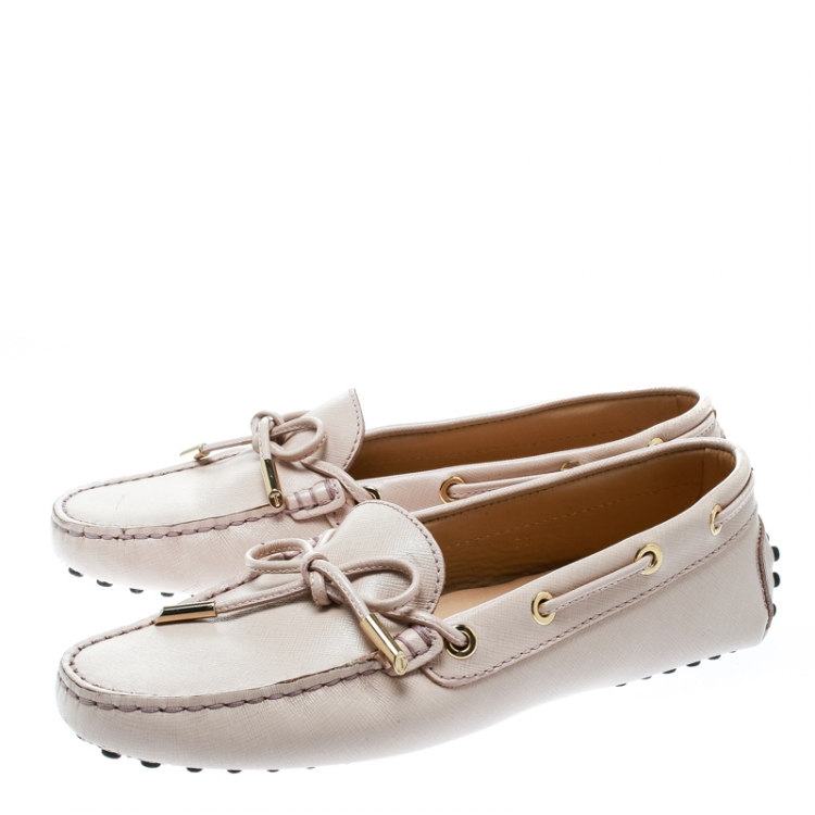 Pre Owned Tod's Blush Pink Leather Bow Loafers Size 36