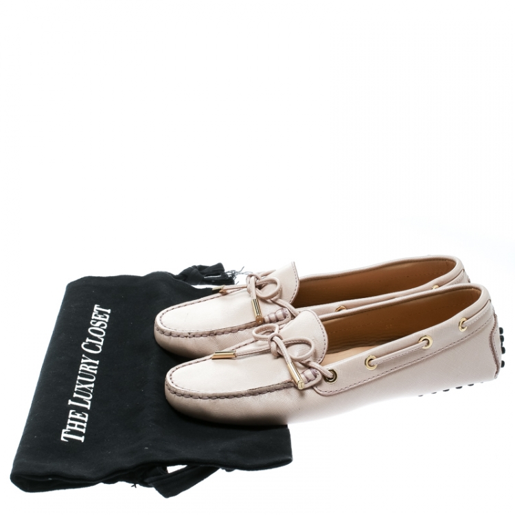 Pre Owned Tod's Blush Pink Leather Bow Loafers Size 36