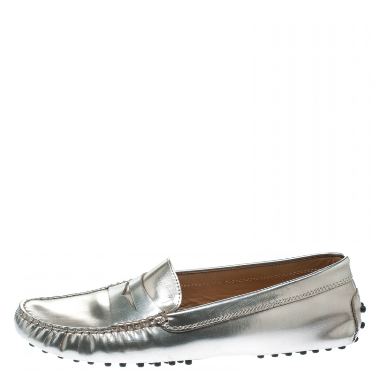 Pre Owned Tod's Metallic Leather Penny Loafers Size 39