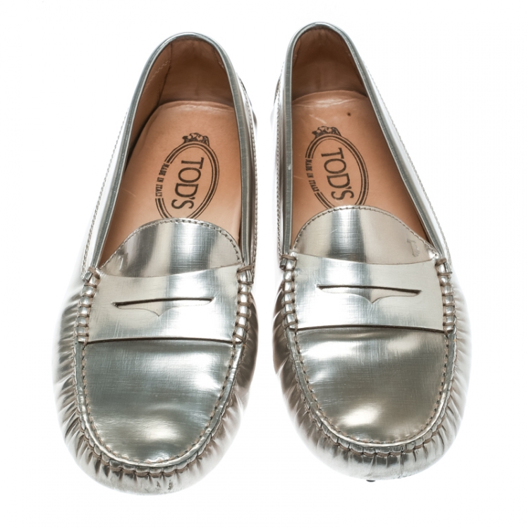 Pre Owned Tod's Metallic Leather Penny Loafers Size 39
