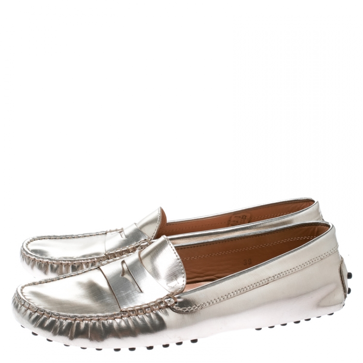 Pre Owned Tod's Metallic Leather Penny Loafers Size 39