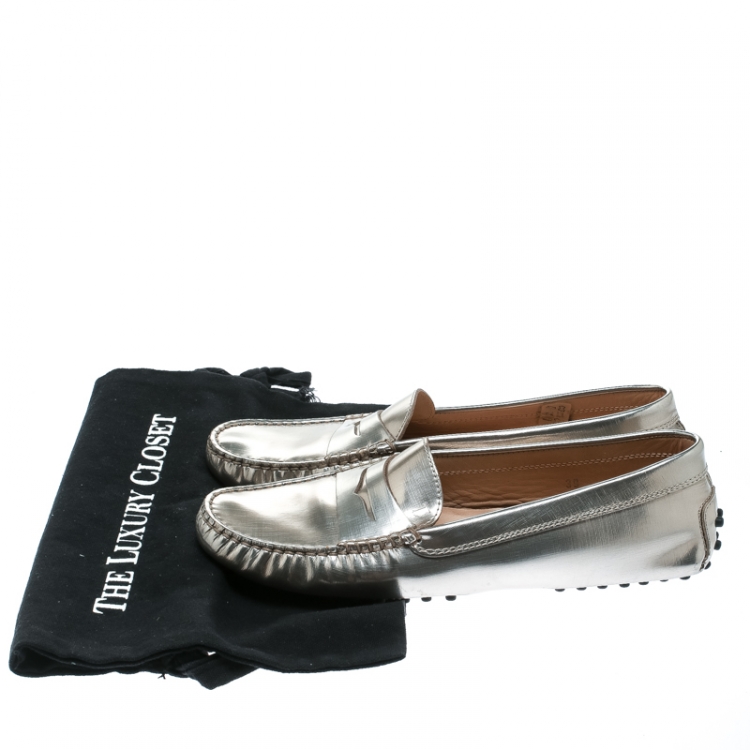 Pre Owned Tod's Metallic Leather Penny Loafers Size 39