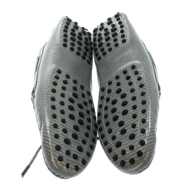 Pre Owned Tod's Grey Lizard Embossed Leather Bow Loafers Size 39