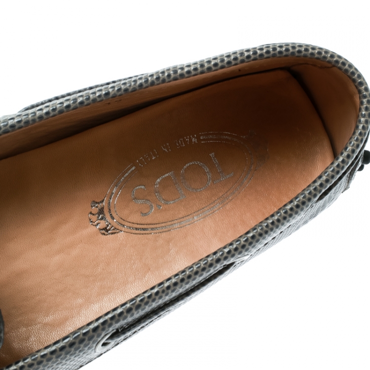 Pre Owned Tod's Grey Lizard Embossed Leather Bow Loafers Size 39
