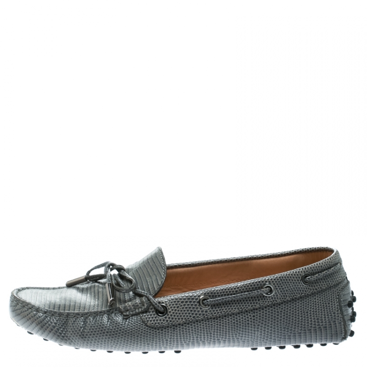Pre Owned Tod's Grey Lizard Embossed Leather Bow Loafers Size 39