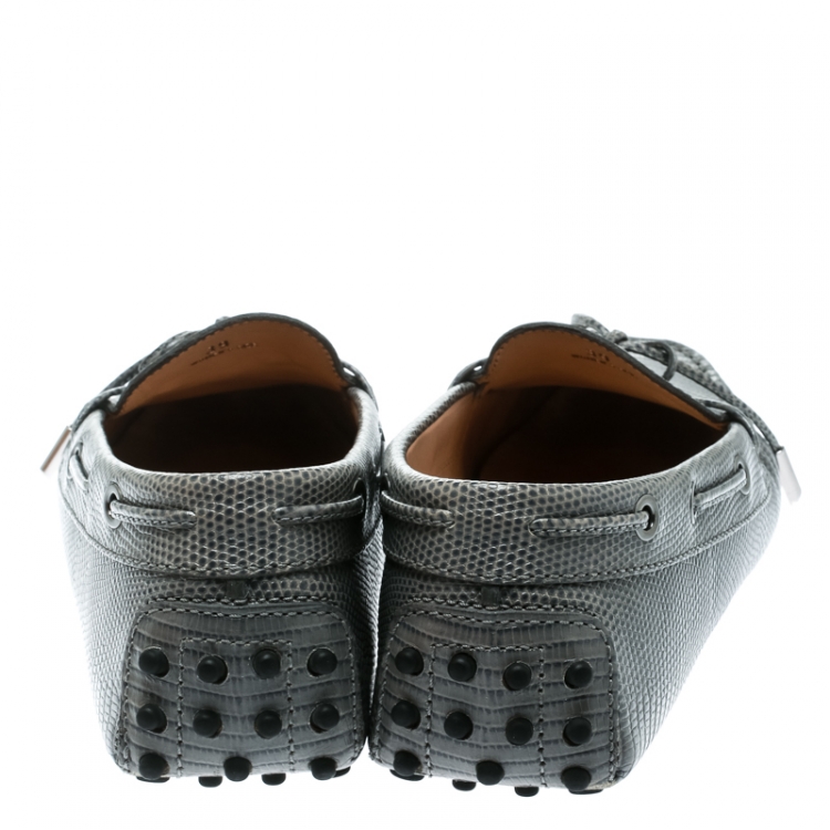Pre Owned Tod's Grey Lizard Embossed Leather Bow Loafers Size 39